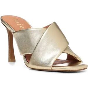 Joie Luce Gold Leather Stacked Faux Wooden Heel Sandal Size‎ 8.5 Metallic Mules